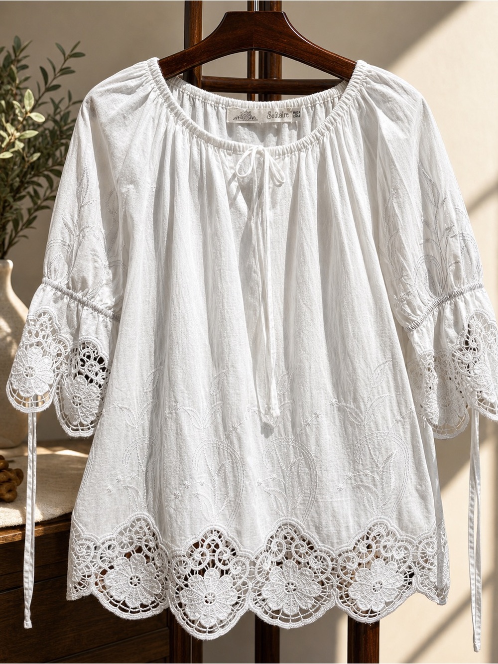 Solitaire White Boho Peasant Blouse Embroidered Lace Trim Cotton Top Size S